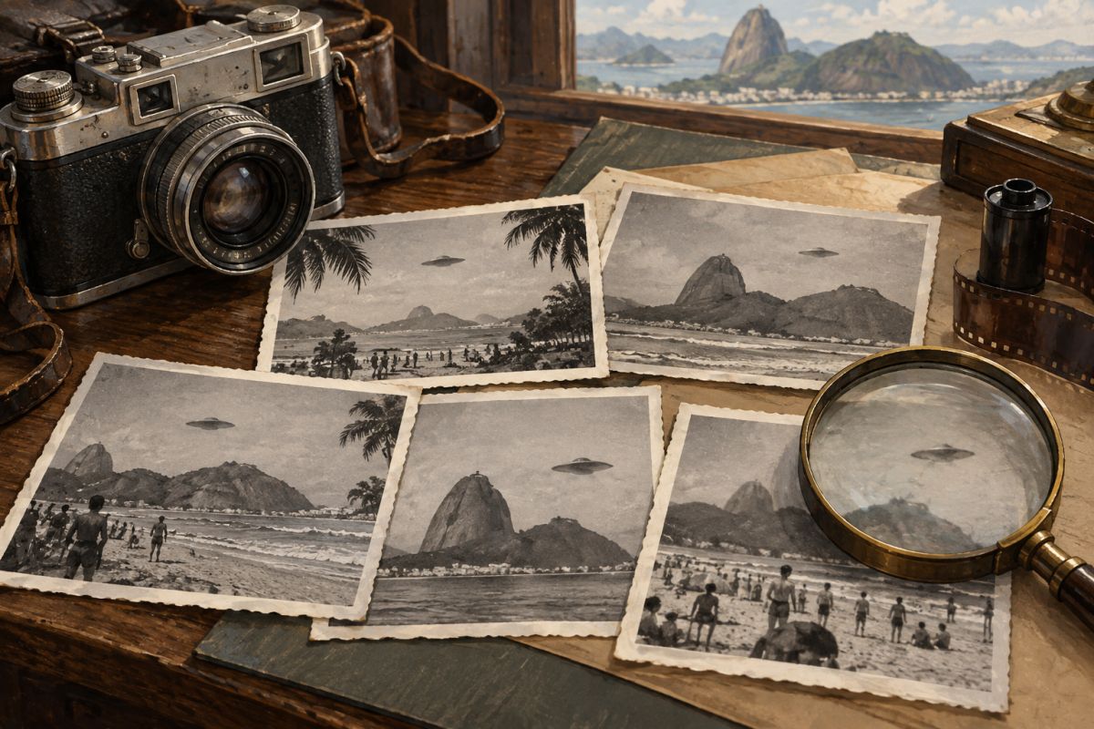 Reconstituição artística: uma câmera antiga, uma lupa e cópias em preto e branco de fotos de um disco sobre a praia, numa mesa com vista para o Rio.