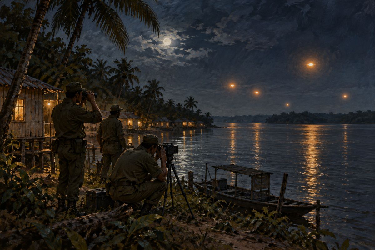 Reconstituição artística: militares com binóculos e câmera numa margem com palmeiras e casas de madeira, observando luzes alaranjadas sobre a água à noite.