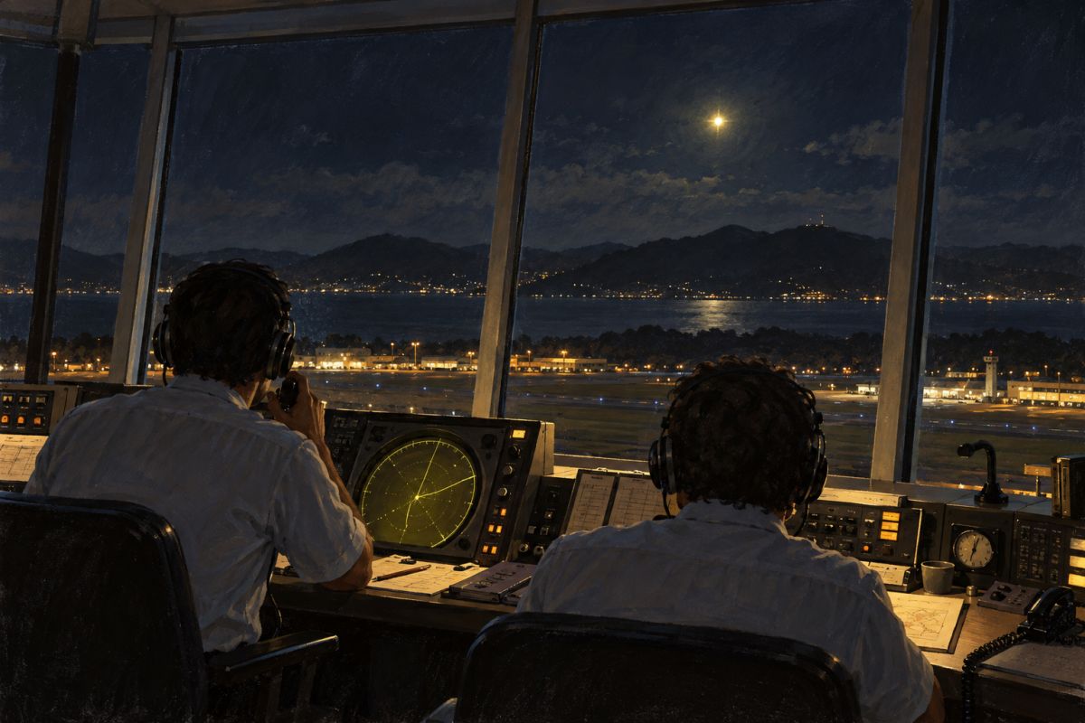 Reconstituição artística: dois controladores de costas na torre de controle, com radar e equipamentos analógicos, olhando uma luz amarelo-prateada sobre os morros da ilha.
