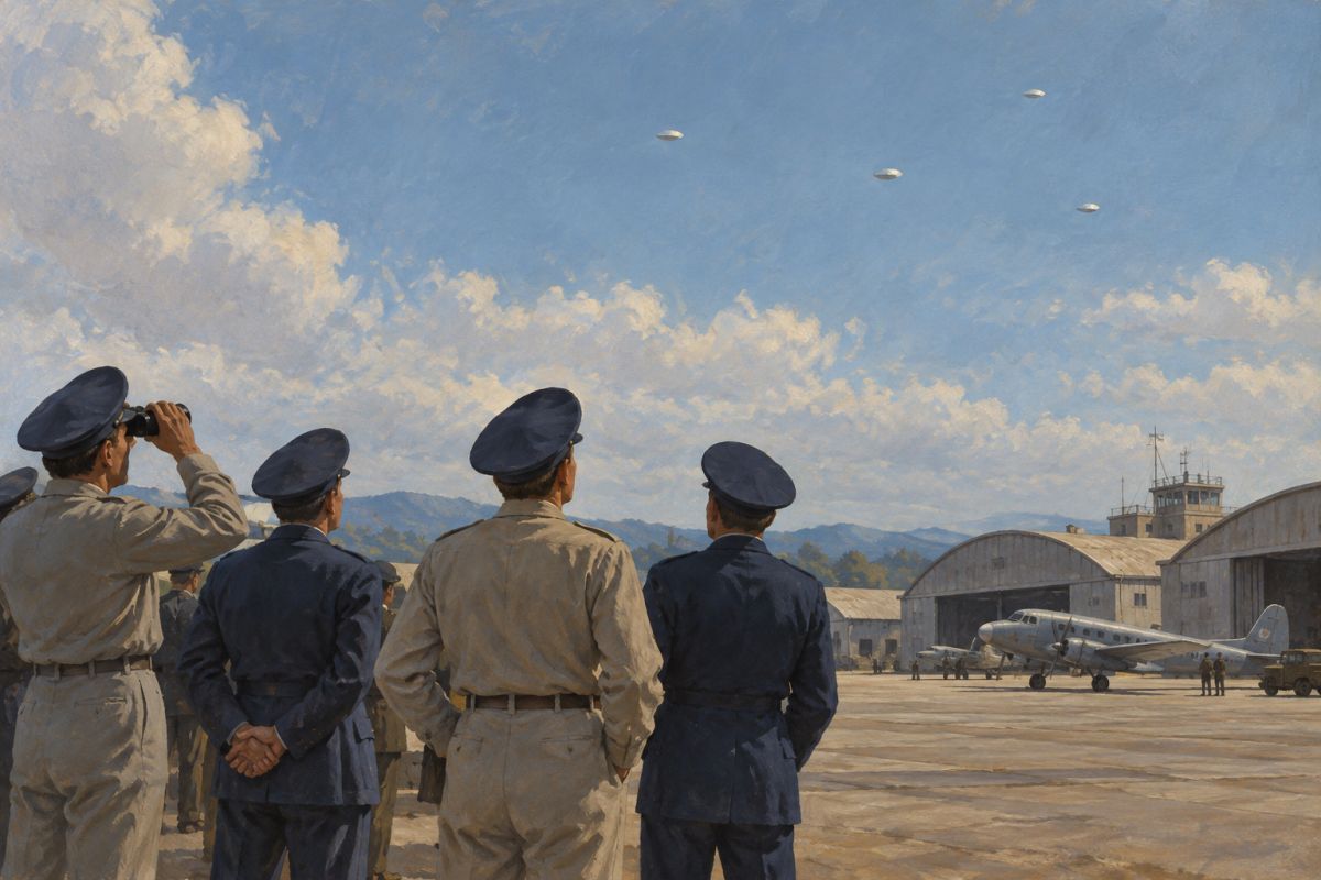 Reconstituição artística: oficiais de uniforme, de costas, olhando pontos prateados no céu sobre os hangares de uma base aérea dos anos 1950.