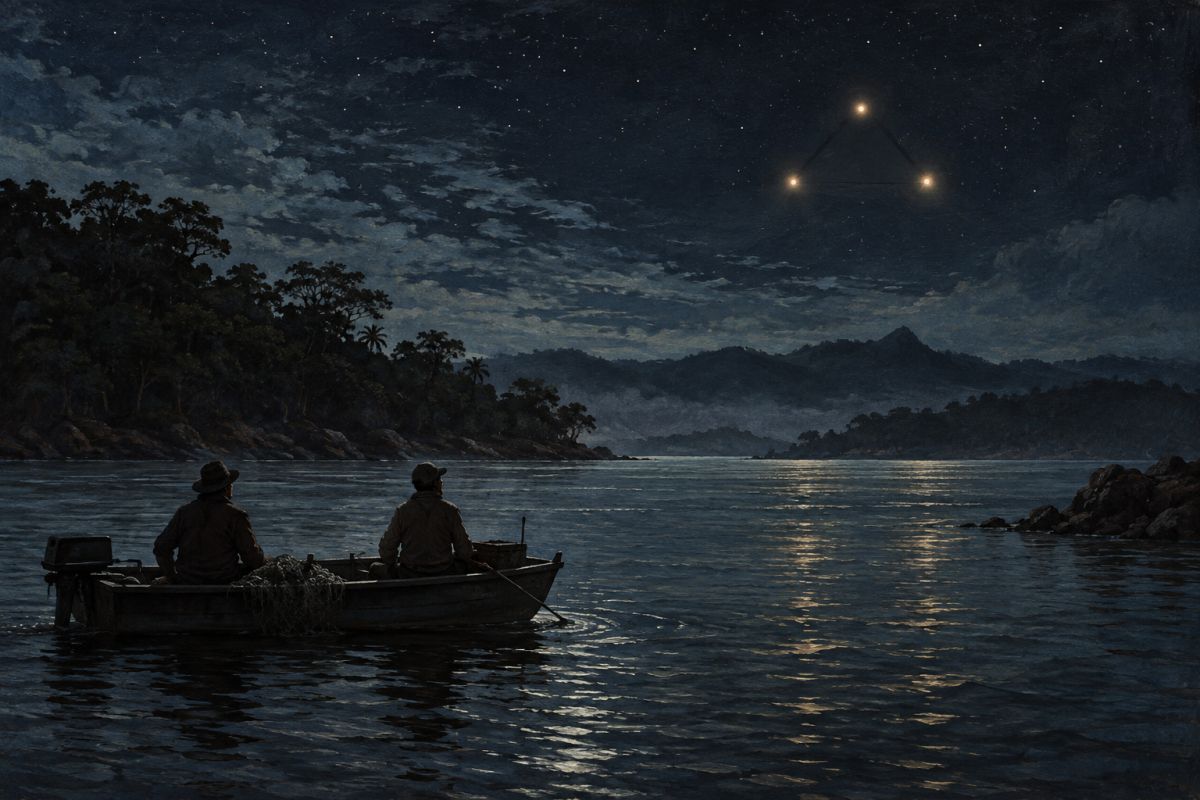 Reconstituição artística: dois pescadores num barco pequeno na baía, à noite, e três luzes formando um triângulo no céu.