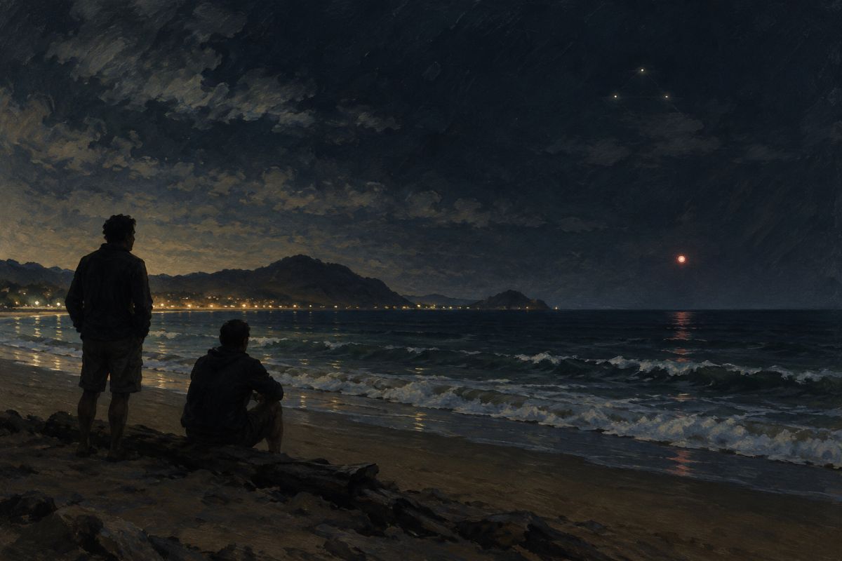 Reconstituição artística: duas silhuetas na praia à noite olhando uma pequena esfera vermelha sobre o mar e três luzes fracas mais acima.