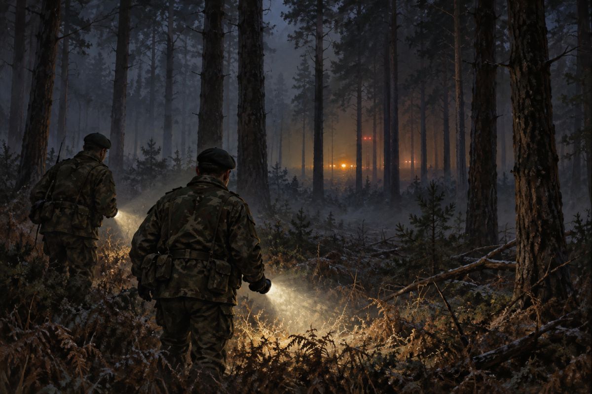 Reconstituição artística: dois militares com lanternas entre os pinheiros de uma floresta à noite, com luzes alaranjadas ao fundo.