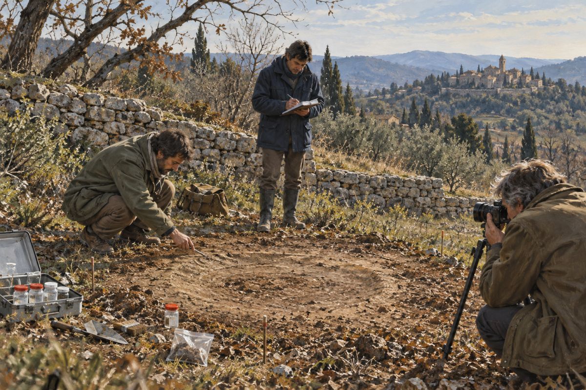 Reconstituição artística: investigadores coletando amostras e fotografando uma marca circular no chão de um terraço de pedra, com a vila provençal ao fundo.