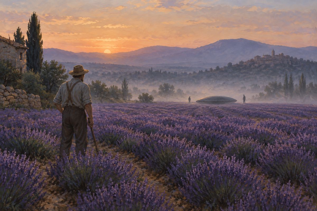 Reconstituição artística: um agricultor de costas num campo de lavanda ao amanhecer, com uma forma baixa e duas figuras pequenas ao longe, na névoa.