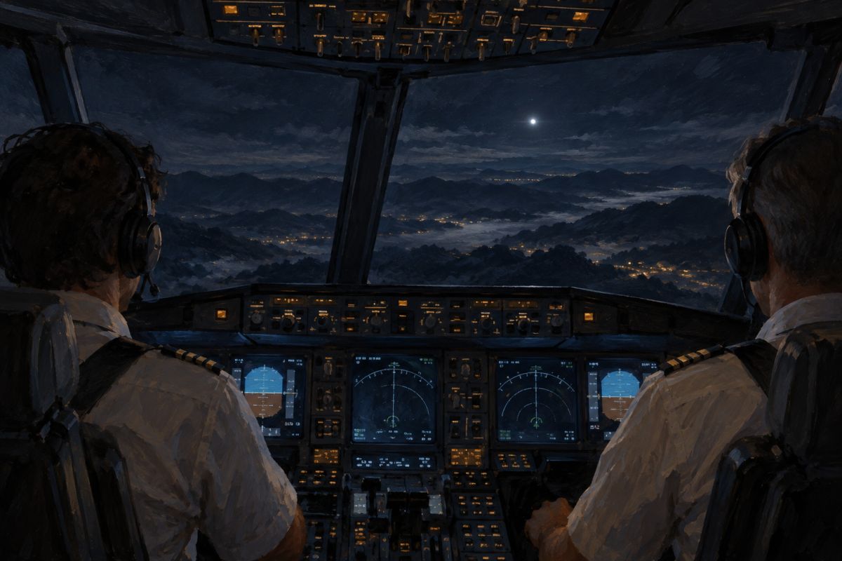 Reconstituição artística: dois pilotos de costas na cabine de um avião à noite, com o painel aceso e uma pequena luz branca adiante.