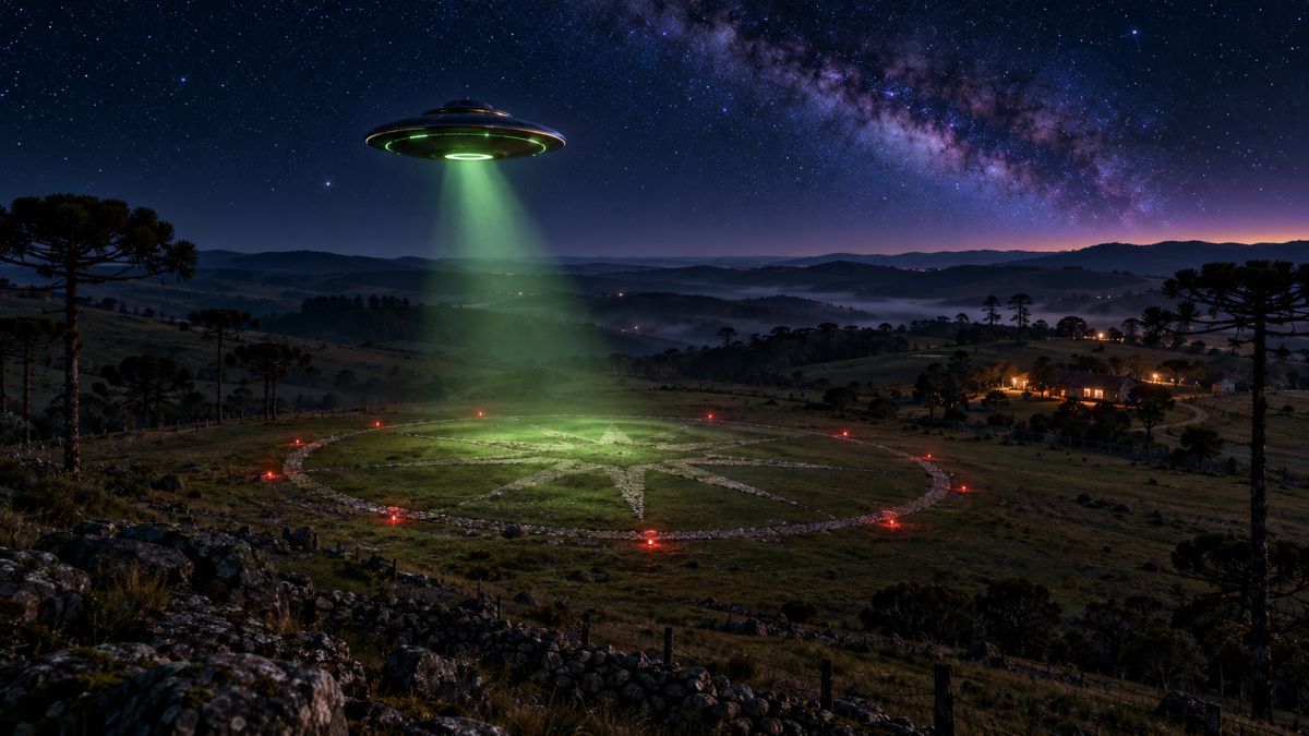 Ilustração conceitual: disco voador sobre a pista circular no campo estrelado da serra.
