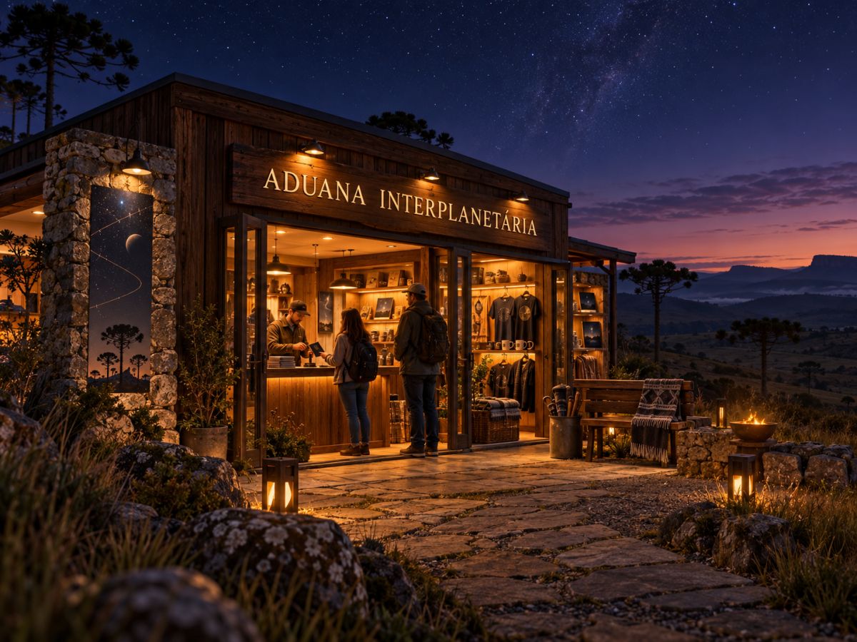 Ilustração conceitual da Aduana interplanetária: casa de madeira e pedra com a porta aberta, balcão de carimbos e prateleiras de lembranças.