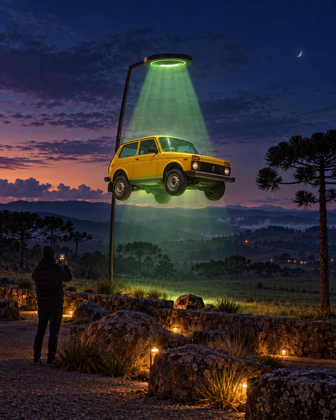Ilustração conceitual: o carro amarelo suspenso num feixe verde ao entardecer, com um visitante tirando foto.