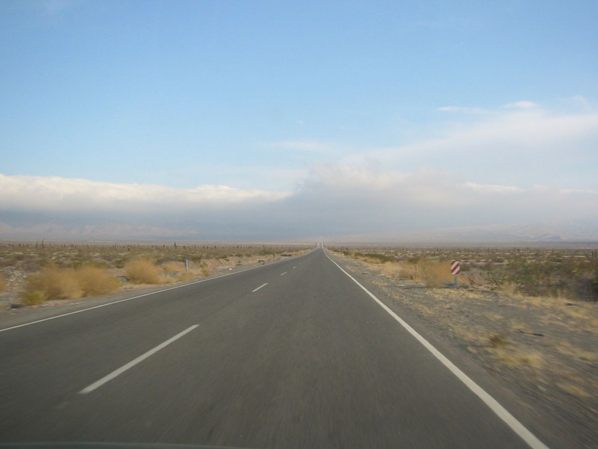 A Recta del Tin Tin, estrada reta e longa que atravessa o Parque Nacional Los Cardones entre cactos e montanhas.